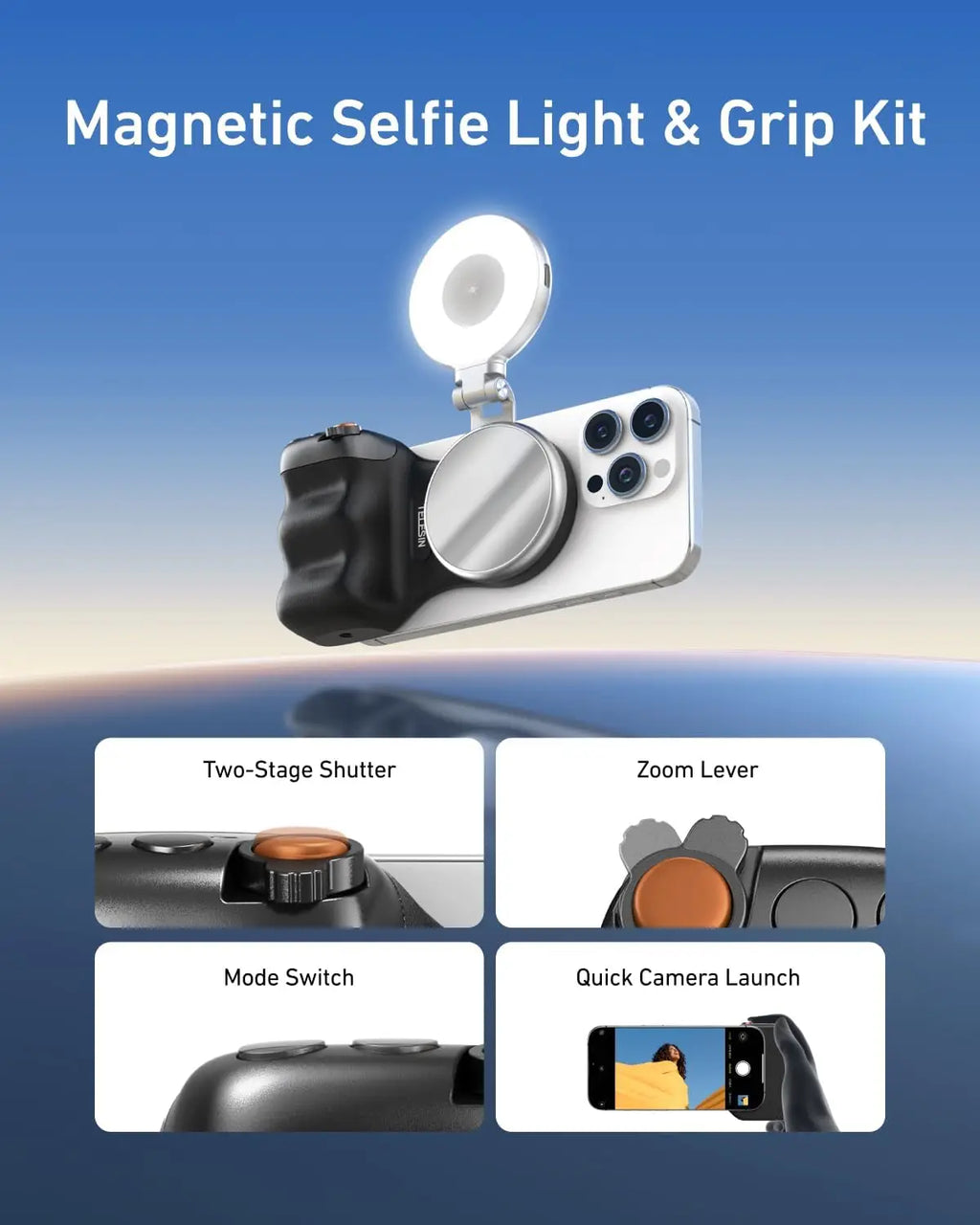 TELESIN Fun Shot – Grip Magnétique + Lumière Selfie C03 | Kit Photo Mobile